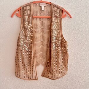 Chicos Tan Sequin and Lace Embellished Lace Vest Cottagecore Women's Size 1/Med